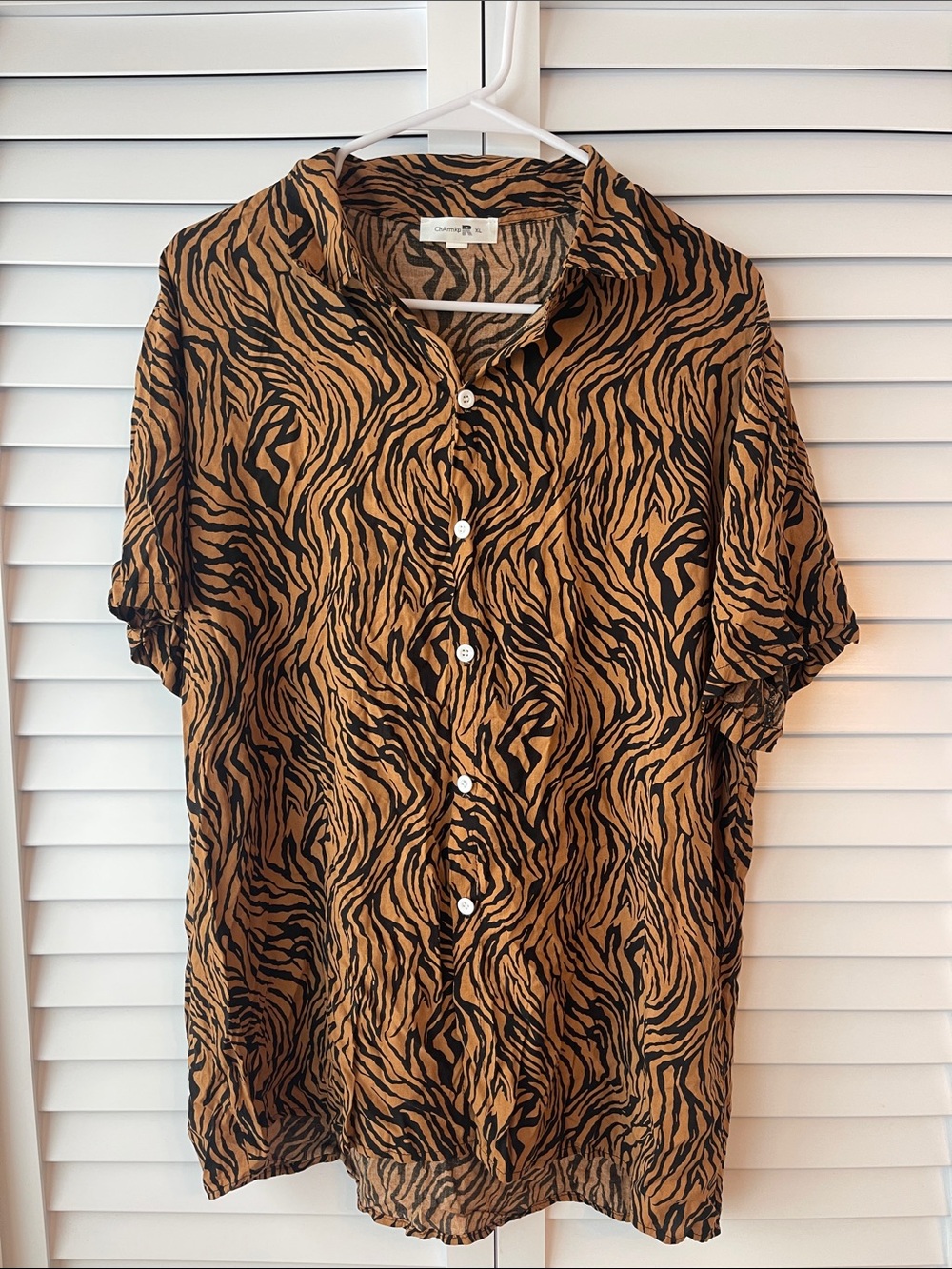 Brown and Black Tiger-Print Short Sleeve Button-Down Shirt